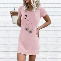 Efsteb Casual kratki rukav haljina za žene labave ljeto trendi Dand Elion Print haljina Crewneck haljine sarafani plaža kratki rukav haljina Mini Mini haljina klirens Pink S