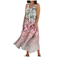 Ljetne haljine za žene tiskane okrugle dekolte za sunčanje Dužina gležnja modna haljina bez rukava ružičasta 3xl