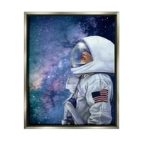 Stupell Industries Vanjski prostor Astronaut Ženski astronaut Detaljni ruž Detaljni sjaj Siva uokvirena plutajuće platno Zidna umjetnost, 16x20