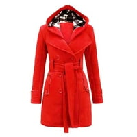 Ediodpoh Womens Warm Winter Hooded Long Sections Coat Belt Dupla jakna mješavine vune Red XXL