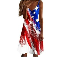 4. jula haljine za žene Casual Vintage Print američke zastave V izrez bez rukava špageti remen Cami Midi