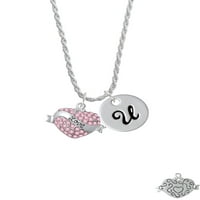 Delight Jewelry Silvertone Love Banner on Pink Crystal Heart Silvertone Script Initial disk-u-Charm ogrlica,