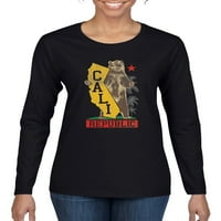 Cali California Bear Holding State Pop Kulture Ženski Grafički Dugi Rukav T-Shirt, Crna, Velika