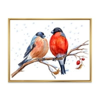 Dva snega na grani gloga sa snežnim padavinama zimi uokvirena slika na platnu Art Print