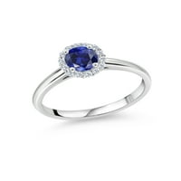 Gem Stone King 0. CT Round Blue Created Sapphire G-H Lab Grown Diamond 10k bijeli zlatni prsten