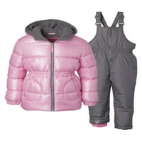 Pink Platinum Metallic Puffer jaknu kaput i snijeg Bib, Snowsuit Set