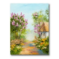 Designart 'Mala Kuća U Šumi Cvjetajućeg Cvijeća' Lake House Canvas Wall Art Print