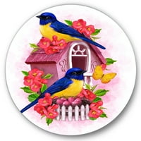 Designart 'dvije ptice žute i plave sise koje sede u blizini gnijezda' tradicionalni krug metalni zid