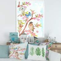 Pametna ptica sedi na grani prolećnog drveta sa leptirima uokvirenim slikarskim platnenim umetničkim printom