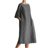 Ženska pamučna posteljina haljina labava fit solidna boja Basic Sendress casual polovina rukava duljina