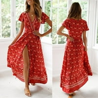 Ljetne haljine za žene kratki rukav A-line Dužina gležnja Slatka zabava Ispisuje V-izrez Haljina crvena