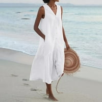 Ženska pamučna platnena haljina na plaži bez dugmadi bez rukava sa džepnom košuljom srednje duge haljine