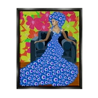 Stupell Industries Woman u plavom retro cvjetnom uzoru Botanička i cvjetna slika Crna ploča Framed Art